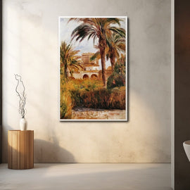 Sunlit Mediterranean garden with swaying palm trees, golden grasses and an ochre villa with arches