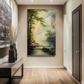 Painting of a forest river with a small waterfall and a leaning tree in misty golden light