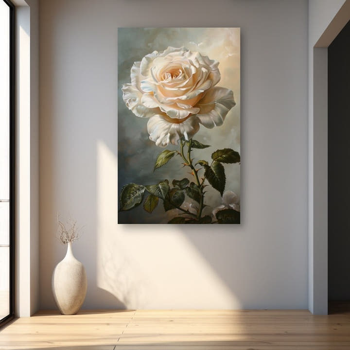 Single ivory rose in full bloom against a soft sky-toned background