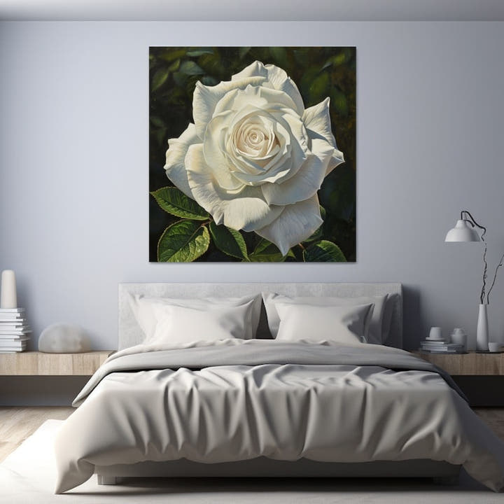 White rose in full bloom against dark green foliage