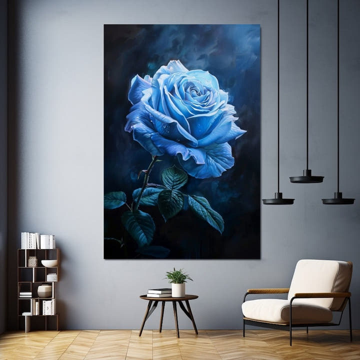 Single blue rose shading from white to deep blue on a dark ground