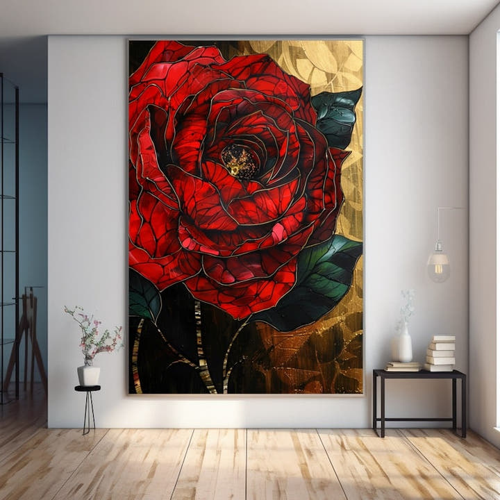 Crimson stained-glass style rose on a burnished gold background