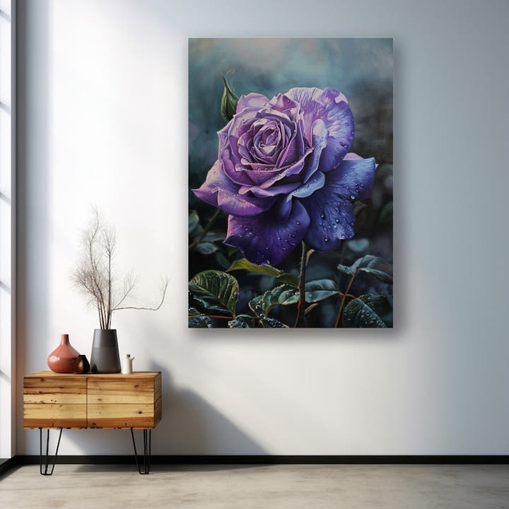 Purple rose with blue-edged petals and dewdrops above dark green leaves