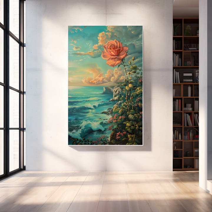 Large peach-pink rose against a turquoise sea and golden sunset clouds