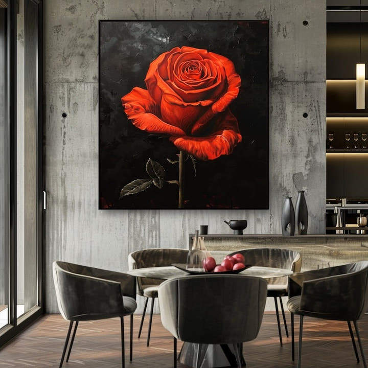 Open red rose in oil-style strokes glowing on a near-black background
