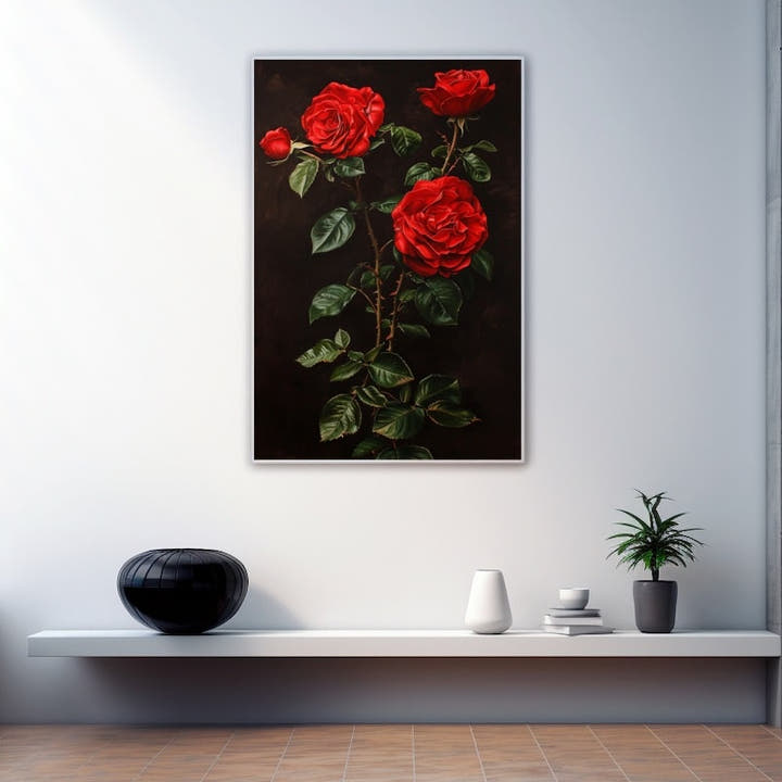 Painting of three red roses on a thorned stem against a dark background