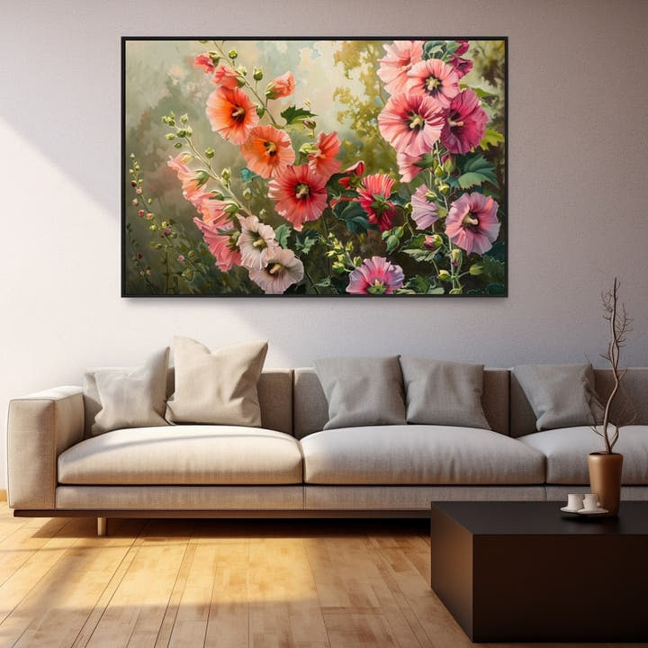 Painting of tall pink and coral hollyhocks in a sunlit garden