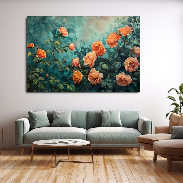 Painting of apricot and peach roses climbing over deep teal foliage