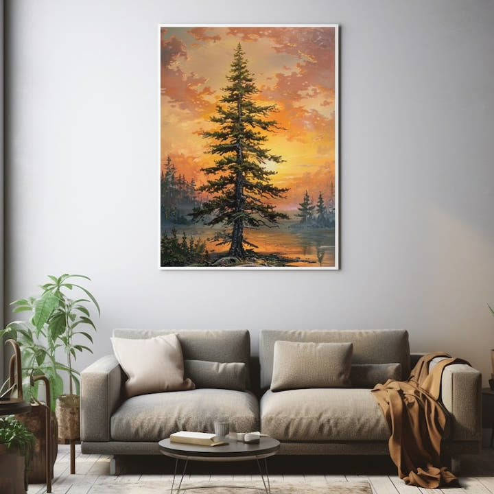Lone fir tree silhouetted against an amber sunset over a still lake