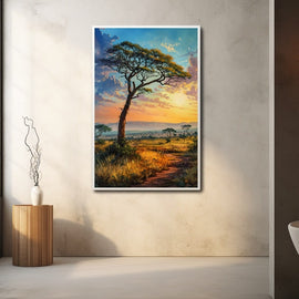 Tall acacia tree against a peach savanna sunset with a winding path