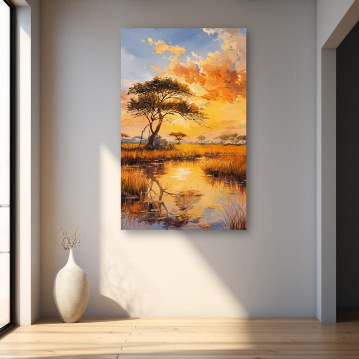 African savanna painting, acacia over a wetland at golden sunset