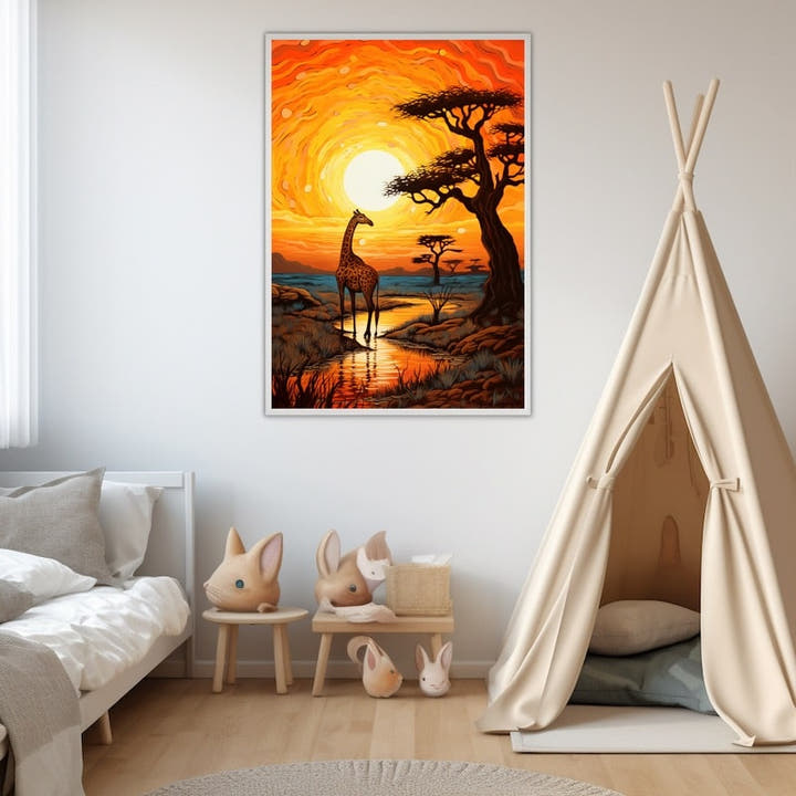 Painting of a lone giraffe by a waterhole beneath a blazing swirled African sunset