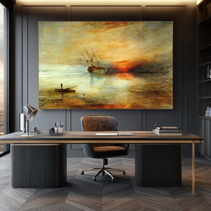 Seascape painting of a sailing ship and lone rower under a glowing orange sunset