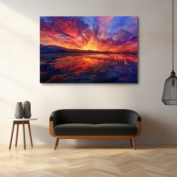 Stylised sunset over a mountain lake reflecting magenta clouds