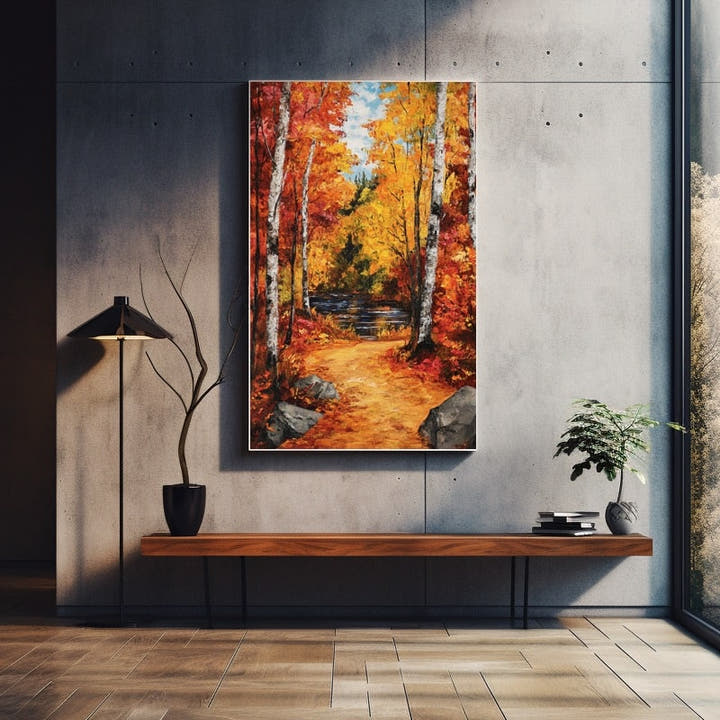 Painterly acrylic-style image of two birch trunks framing a riverside path in a blazing red and gold autumn forest