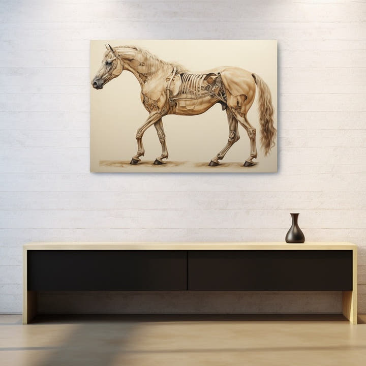 Sepia anatomical painting of a palomino horse with visible skeleton, mid-stride