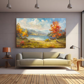 Impressionist autumn lake landscape with orange maple and golden birches by a calm lake