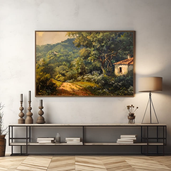 Painting of a country lane winding past a cottage through green hills with wildflowers