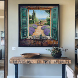Green shutters open onto Provencal lavender, cypress and stone farmhouse