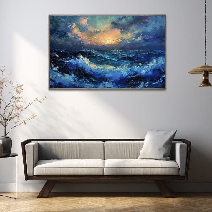 Painterly oil-style image of stormy sea waves under a fiery sunset sky