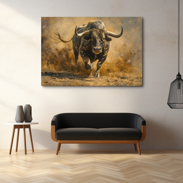 Painting of a charging bull amid clouds of golden dust