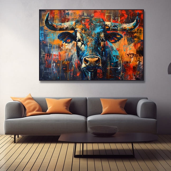 Abstract painting of a blue-toned bull head against fiery red and turquoise strokes