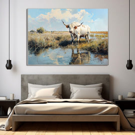 Pale Camargue bull at a marsh pool reflected in still water painting