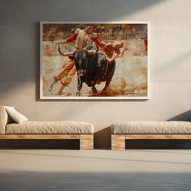 Charging bull and matador in a sun-bleached arena, watercolour style