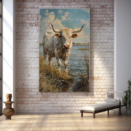 Pale Camargue bull beside a lagoon with marsh grasses and clouds