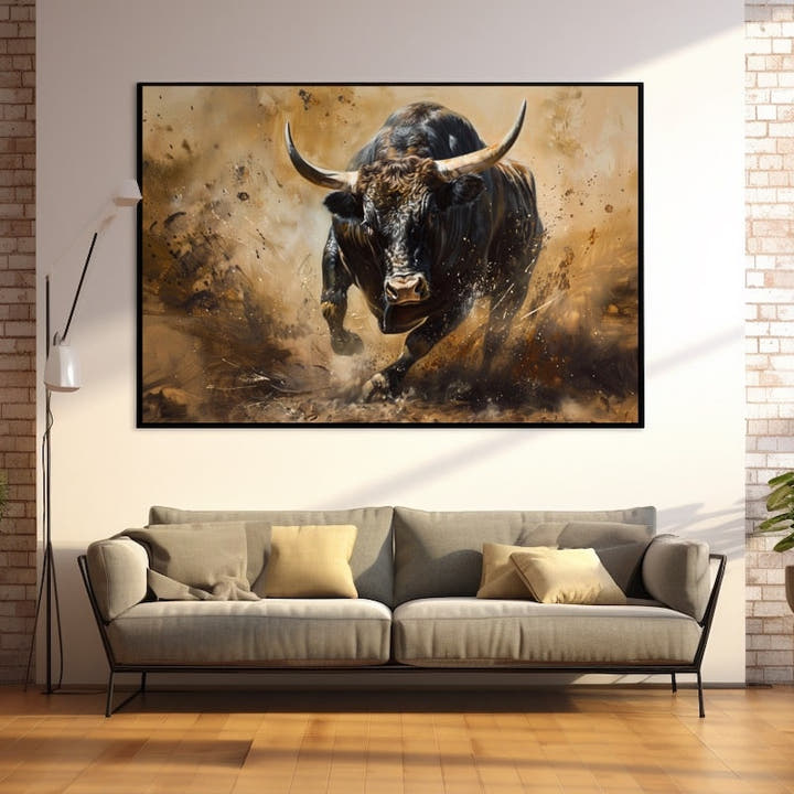 Painting of a black bull charging through a cloud of dust