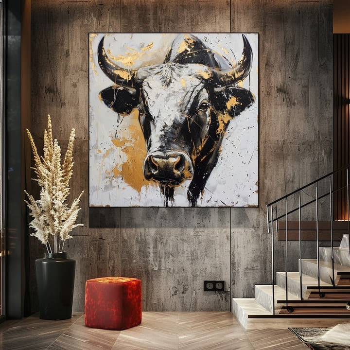 Bull head in black, grey and gold-leaf-effect strokes on a splashed ochre ground