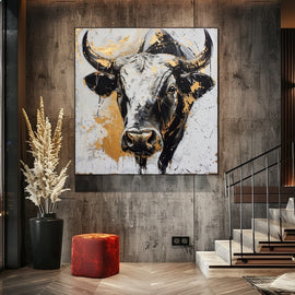 Bull head in black, grey and gold-leaf-effect strokes on a splashed ochre ground