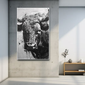 Expressive black and white ink painting of a bull head