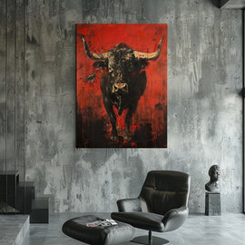 Painting of a black bull with pale horns against a vivid crimson red background with paint splatters