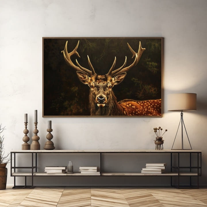 Acrylic painting of a stag deer head with antlers on a dark woodland background