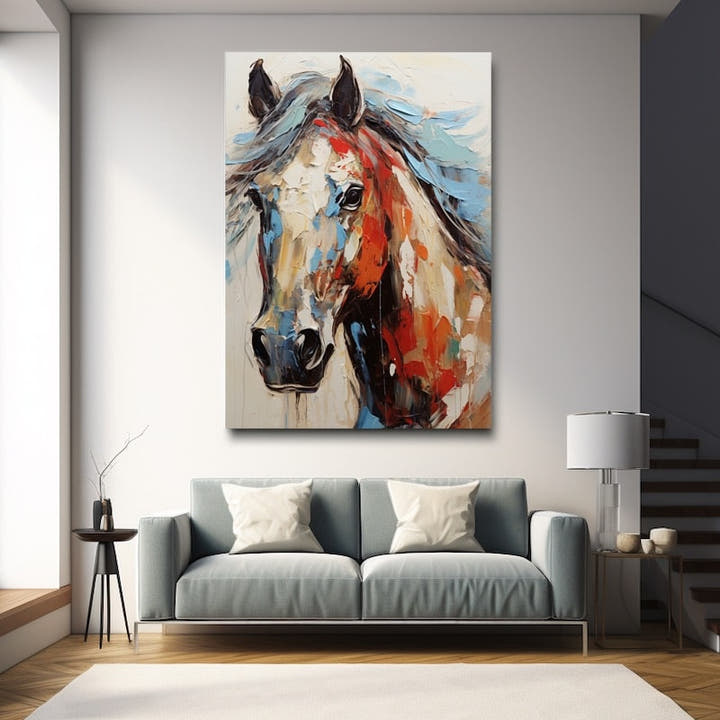 Painterly portrait of a horse's head in cream, rust and slate-blue