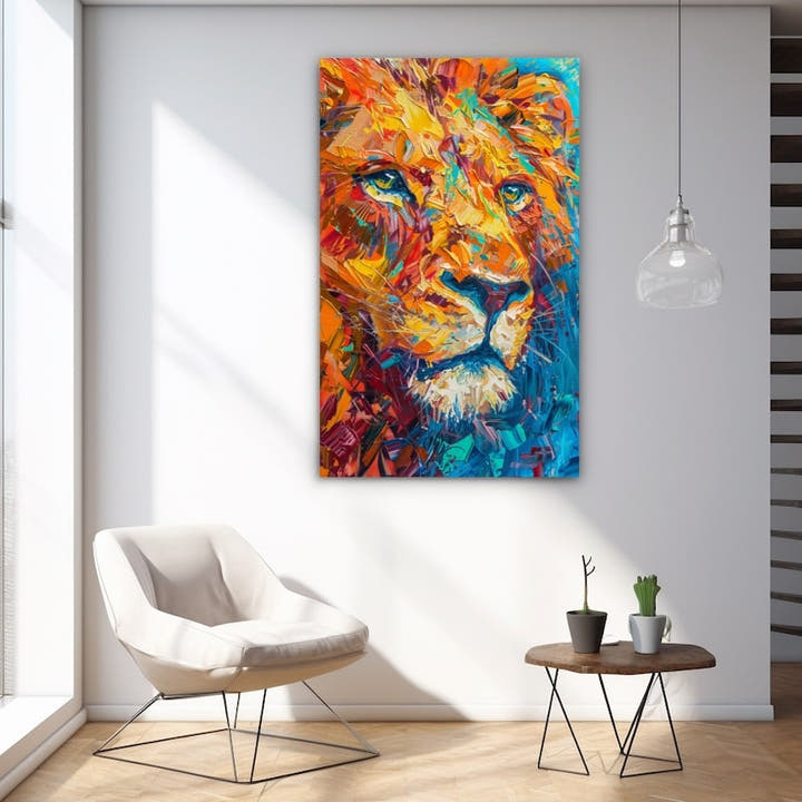 Colourful palette-knife painting of a lion head