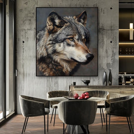 Painterly wolf head portrait in grey and warm brown tones
