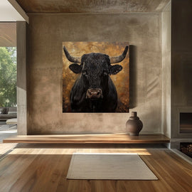 Black bull gazing forward with pale horns against a bronze-amber background