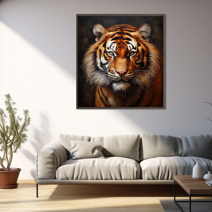 Classical oil-style portrait of a tiger face on a dark background