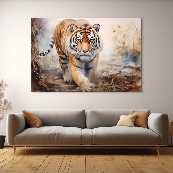 Watercolour painting of a tiger prowling through pale reeds