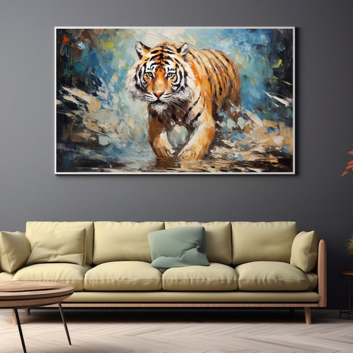 Tiger prowling forward in fiery orange against icy blue palette-knife strokes