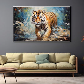 Tiger prowling forward in fiery orange against icy blue palette-knife strokes