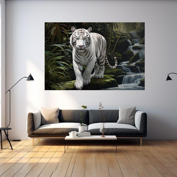 White tiger walking through dark jungle beside a tumbling waterfall