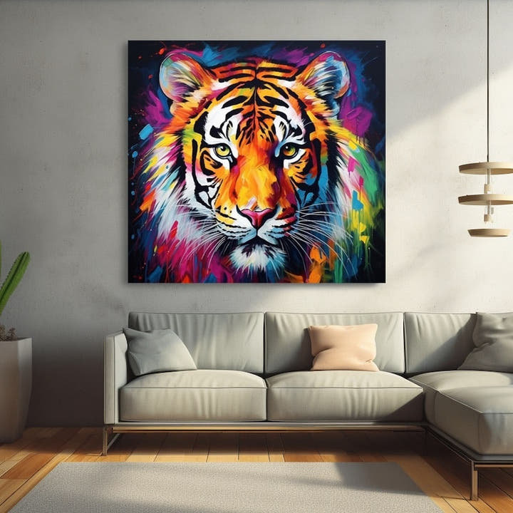 Colourful painting of a tiger's face with amber eyes framed by a halo of magenta, blue and gold paint