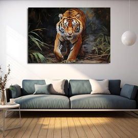 Oil painting of a prowling tiger emerging from misty bamboo