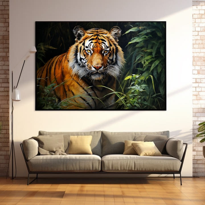 Realistic tiger prowling from dark green jungle foliage