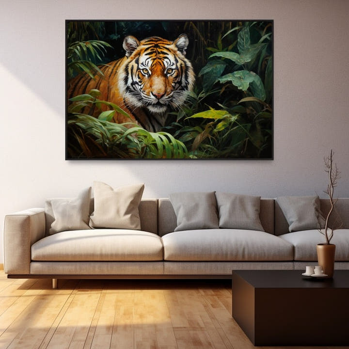 Painterly tiger portrait amid lush jungle foliage