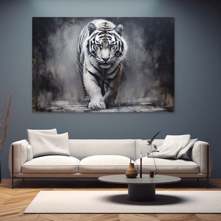 White tiger walking through misty fog in monochrome painting