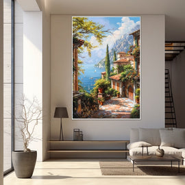 Mediterranean lakeside village with terracotta villas, cypress trees and sailboats on a blue lake